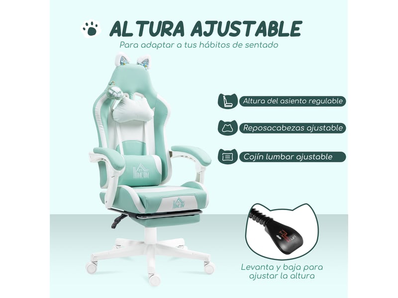 Chaise gaming inclinable verte avec repose-pieds rétractable, soutien lombaire et appui-tête amovible - Conforama R