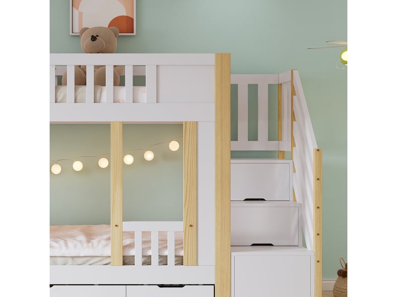  Lit superposé enfant blanc - certifié en747 - 90x200 - escalier de rangement &amp; tableau noir - tiroirs sur roulettes - certifié fsc  - Conforama W