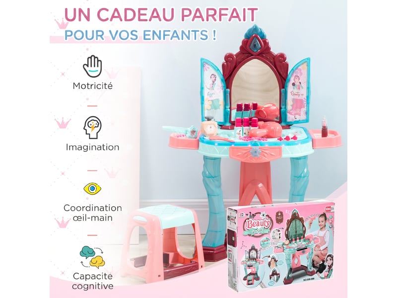  Coiffeuse enfant fille avec miroir magique, musique, plateaux, tiroir et accessoires, 3-6 ans, 57x34x76cm, multicolore  - Conforama W