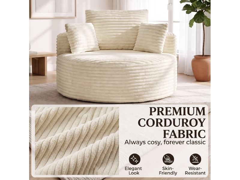  Fauteuil rond fixe 1 place en velours côtelé beige avec 4 coussins, confort profond pour votre coin lecture  - Conforama D