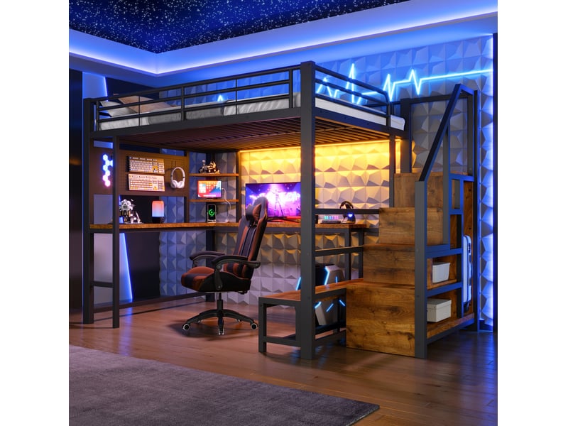  Lit mezzanine 140 × 200 cm avec bureau, étagères, escalier de rangement, led et prises usb-c pour chambre, noir  - Conforama E