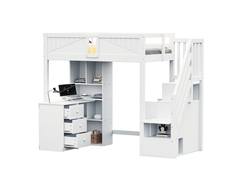  Lit mezzanine 200×90 cm avec bureau, tiroirs, placards et échelle réversible, en bois blanc  - Conforama A