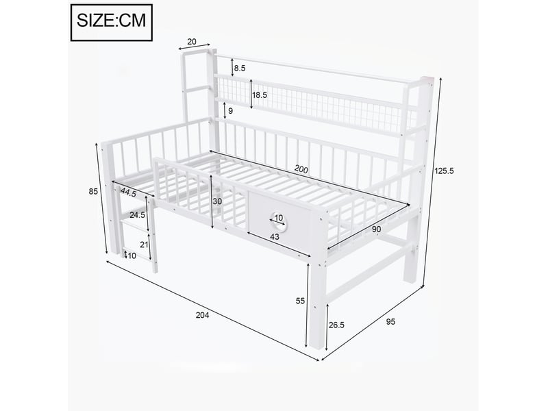 Lit surélevé bas enfant 90x200 cm blanc avec rangement et portant - Conforama C