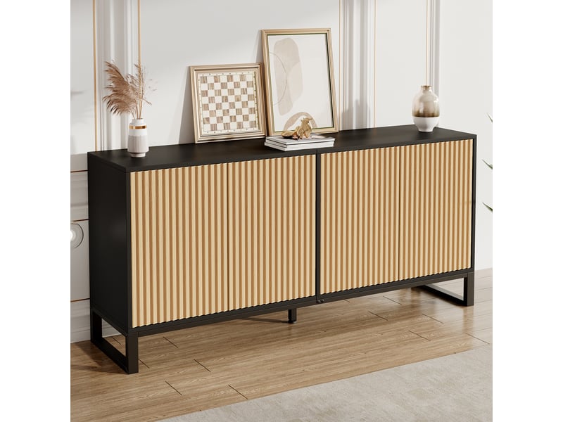  Buffet de salon - 160x40x75cm - 4 portes rainurées 3d étagères réglables meuble à chaussures en pb et mdf - noir et chêne  - Conforama C