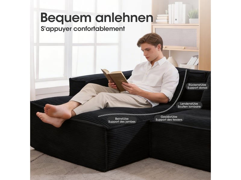  Canapé textile noir 235 × 129 × 70 cm en polyester, 2 coussins, assise mousse et ressorts ensachés, format compact  - Conforama D