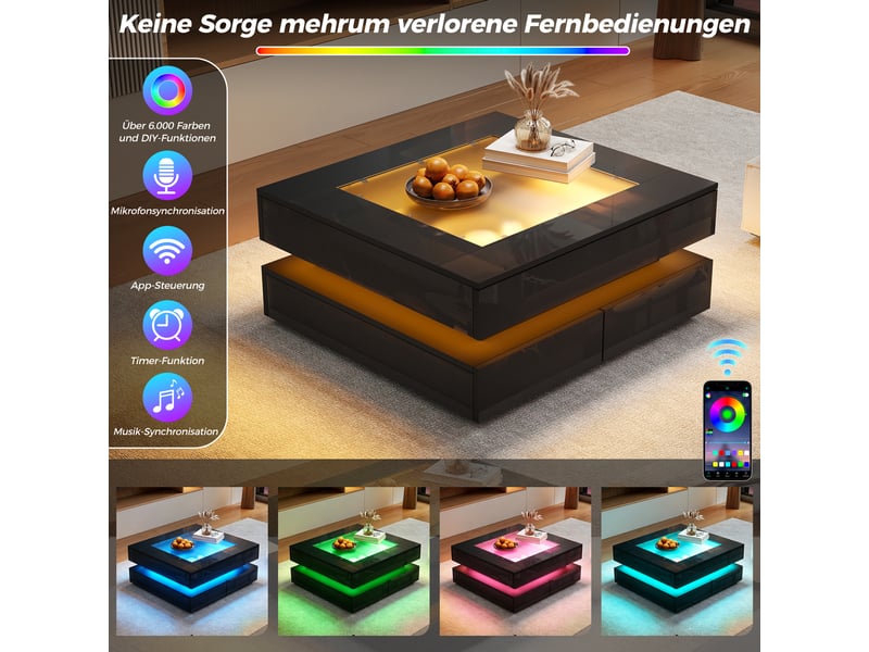 Table basse carrée avec led et 3 tiroirs 70x70 cm plateau en verre trempé et bois noir brillant - Conforama W