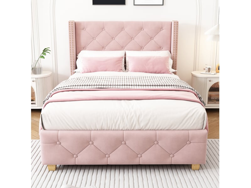  Lit rembourré 90 × 190 cm avec cadre à lattes et tête de lit, finition capitonnée et détails rivetés en velours rose  - Conforama D