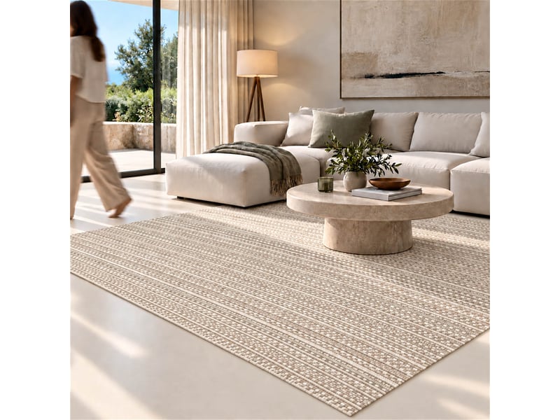  The white stone tapis extérieur à rayures 160x230 cm tourterelle | pour intérieur et extérieur, résistant aux uv et à l'eau, lavable | tapis en polypropylène tissé à plat effet sisal  - Conforama E