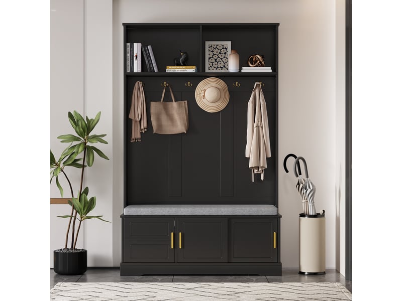 Vestiaire d’entrée noir 120 × 40 × 191 cm, banc à chaussures, 6 patères triples - Conforama B