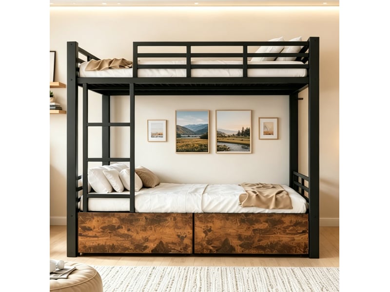  Lit superposé 90 × 200 cm avec deux tiroirs, échelle intégrée et barrières de sécurité en métal noir pour chambre  - Conforama E