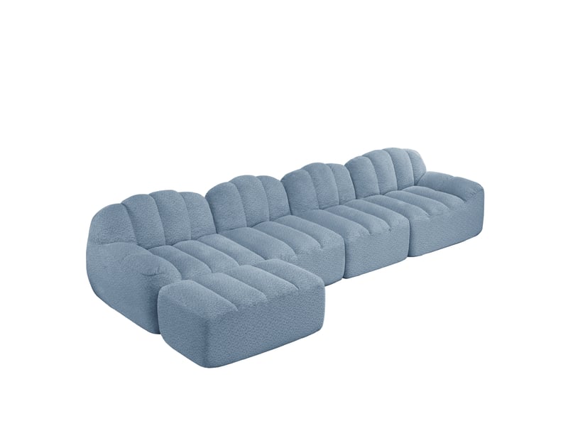Canapé modulaire 4 places 366x165x79 cm, sans montage, polaire granuleux, mousse 32d, avec pouf, bleu - Conforama A