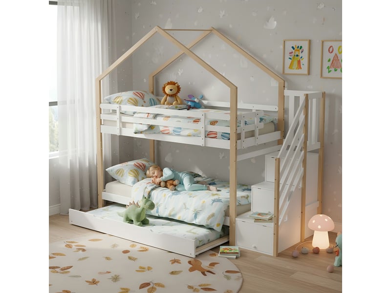  Lit superposé 2 × 90 × 200 cm avec lit gigogne 90 × 190 cm et escalier, blancnaturel IKSETERA TRADING LTD - Conforama B