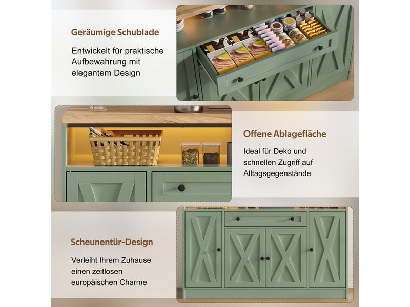 Buffet bas 140x35x95 cm vert avec led rgb, 4 portes style grange, tiroir, étagères de rangement, meuble cuisine salle à manger moderne - Conforama E