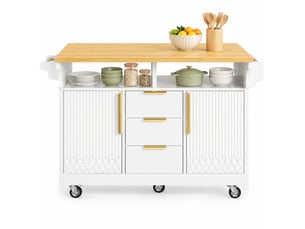 Desserte de cuisine avec 3 tiroirs, étagères réglables, plateaux rabattables et roulettes, en mdf, 120×40×95 cm, blanc