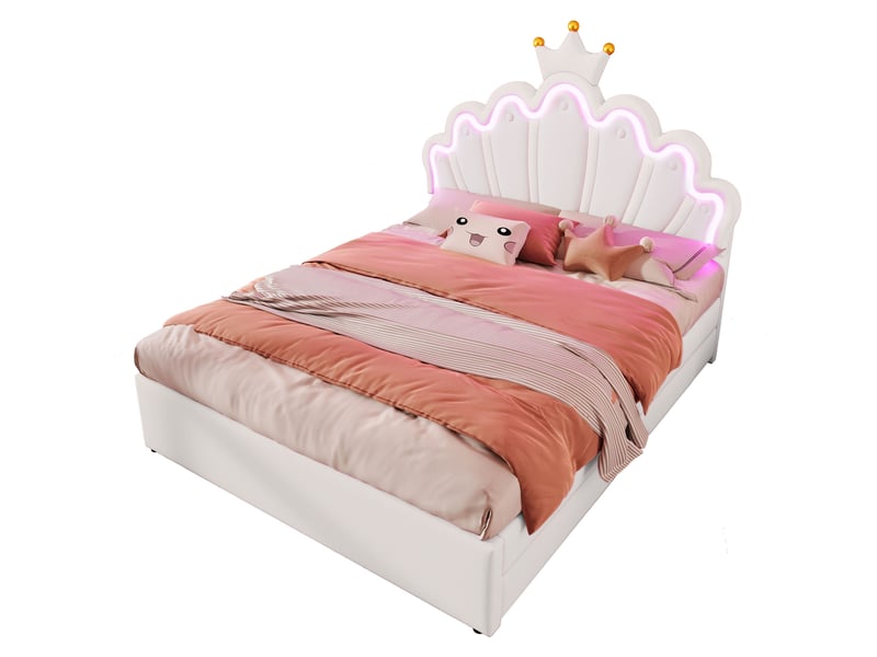 Lit enfant 140x200cm avec led, tiroirs, tête réglable, style princesse, sommier, pu blanc, sans matelas - Conforama A
