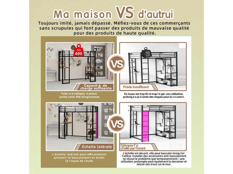  Lit mezzanine, lit simple en fer avec bureau, deux échelles et espace sous couchage 90x190 cm, matelas non précisé  - Conforama E