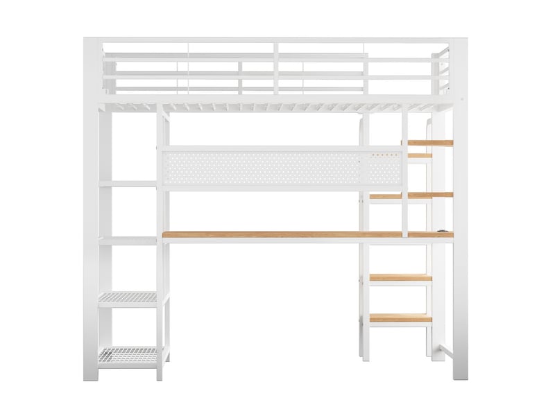  Lit mezzanine avec bureau 90 x 200 cm éclairage led multicolore lit simple structure en fer panneau perforé prise électrique intégrée au bureau compartiments à plusieurs niveaux coloris blanc  - Conforama A