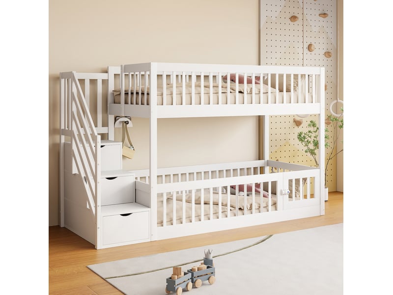  Elvmi lit superposé enfant 90x200 cm en bois massif avec escalier de rangement, tiroirs intégrés et porte ouvrante, blanc, pour chambre d'enfant multifonction  - Conforama B