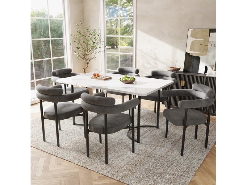  Lot de 6 chaises de salle à manger en tissu effet suédine gris foncé, avec assise enveloppante  - Conforama B