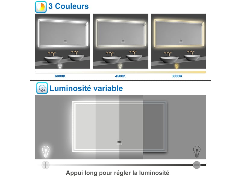 Aica miroir lumineux 140 x 80cm, bluetooth + 3 couleurs + dimmable + horloge + anti-buée + mémoire, miroir salle de bain mural  - Conforama D