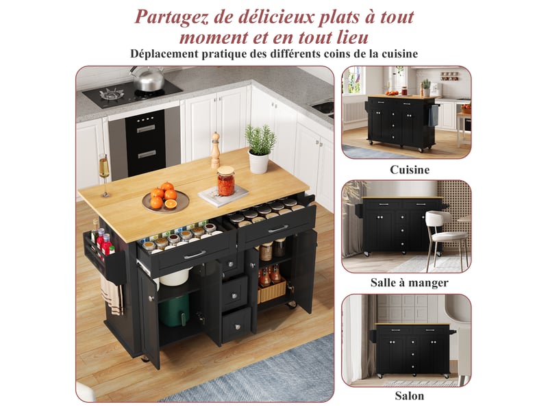  Desserte de cuisine extensible 120x65 cm avec plan de travail rabattable, 5 tiroirs et placards, mdf, noir et naturel  - Conforama E