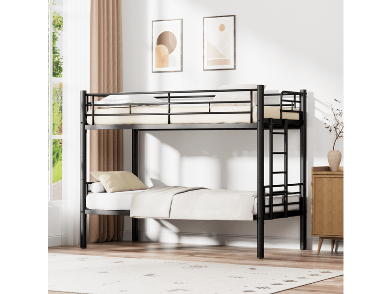  Lit superposé 90x190 cm transformable en 2 lits simples avec barrière de sécurité en métal noir  - Conforama C