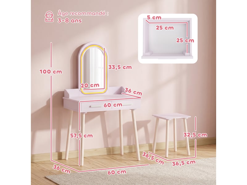  Coiffeuse enfant avec miroir led et 2 tiroirs en mdf et pin rose 60 x 36 x 100 cm  - Conforama C