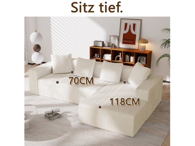  Canapé modulable 261x146x65 cm avec chaise longue coloris blanc  - Conforama E