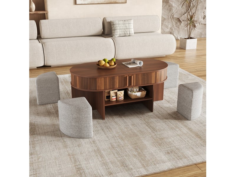 Table basse ovale avec 2 portes coulissantes, rangement ouvert et 2 tabourets en tissu, noyer 120 × 60 × 51,5 cm - Conforama B
