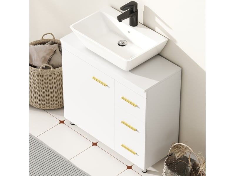  Meuble sous lavabo 70x30x65 cm à 3 tiroirs mdf panneau de particules blanc  - Conforama C