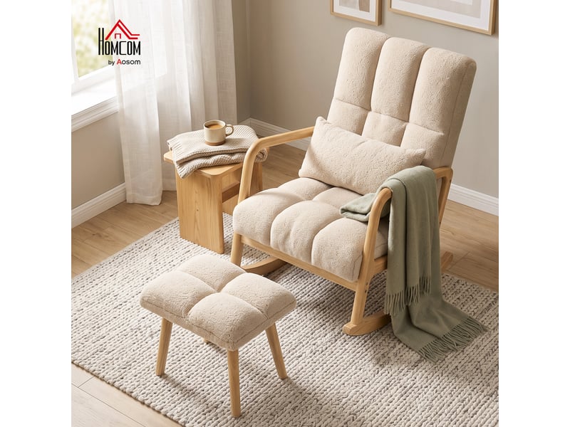  Fauteuil à bascule tissu laine bouclée matelasée avec repose-pieds style nordique beige  - Conforama D