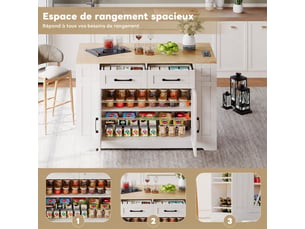 Îlot de cuisine mobile avec table rabattable, prises et rangements, 120 cm, blanc et bois naturel