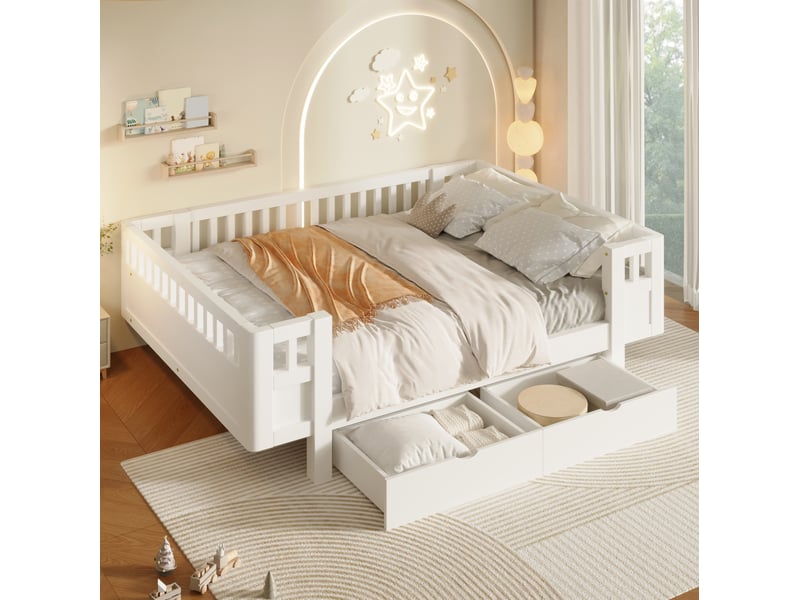  Lit plateforme avec rangement modenvie 140 x 200 cm avec barrière de sécurité et 2 grands tiroirs, blanc  - Conforama D