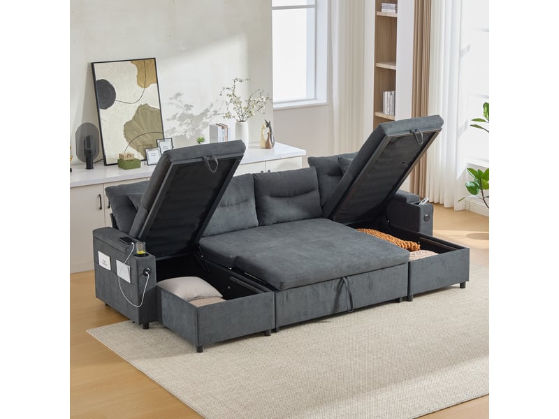  Canapé panoramique convertible en lit 272 cm, 4 places avec double méridienne, rangements, porte-gobelets, usbtype-c, tissu effet lin, gris foncé  - Conforama C