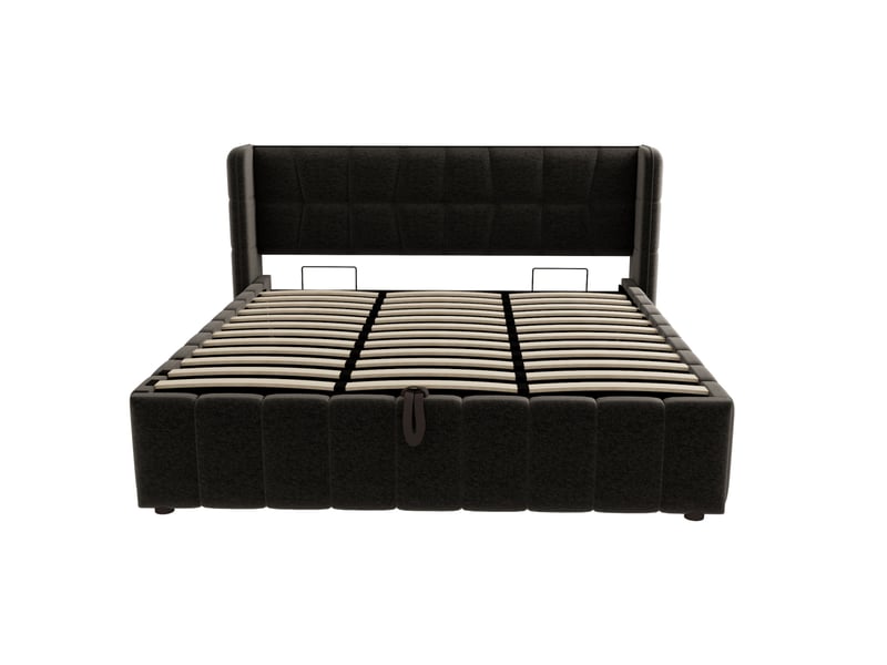  Lit coffre 180x200 cm - lit double 180x200 - cadre de lit encastrable avec tête de lit à oreilles et sommier relevable - lin - anthracite  - Conforama A