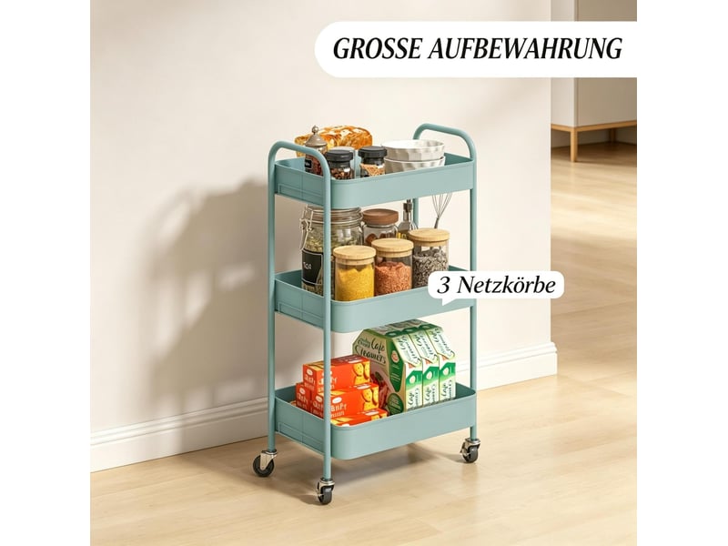 Desserte roulante 45 x 30,6 x 79 cm – bleu clair – 3 plateaux ouverts en acier, 4 roulettes et 2 freins - Conforama E