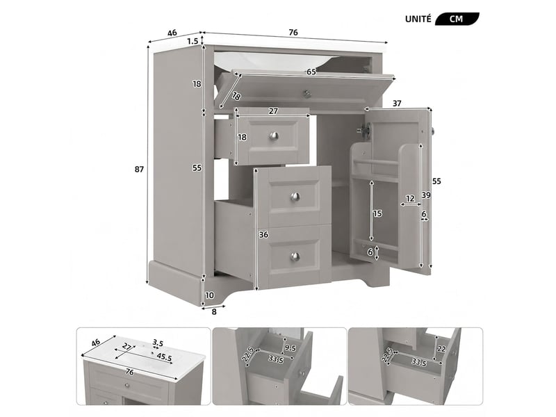  Meuble salle de bain avec lavabo 76x46x87cm meuble vasque sur pied gris en mdf avec tiroirs  - Conforama E