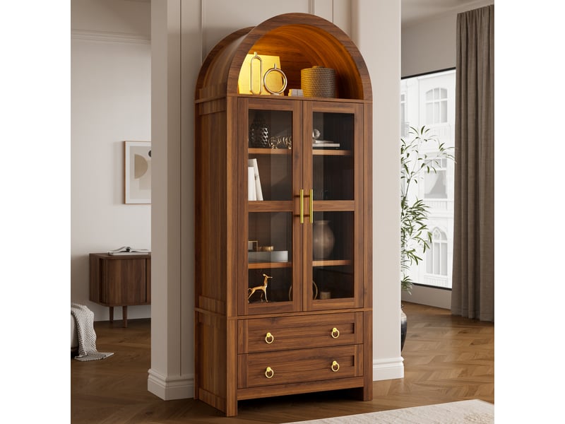  Vitrine haute 76 x 40 x 180 cm, 2 portes vitrées, 2 tiroirs, led, design arqué rétro, meuble de rangement pour salon, noyer ABC - Conforama E