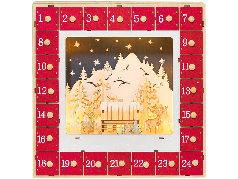  Calendrier de l'avent led, décorations de noël en bois, 24 tiroirs à remplir, décoration lumineuse, rouge  - Conforama B