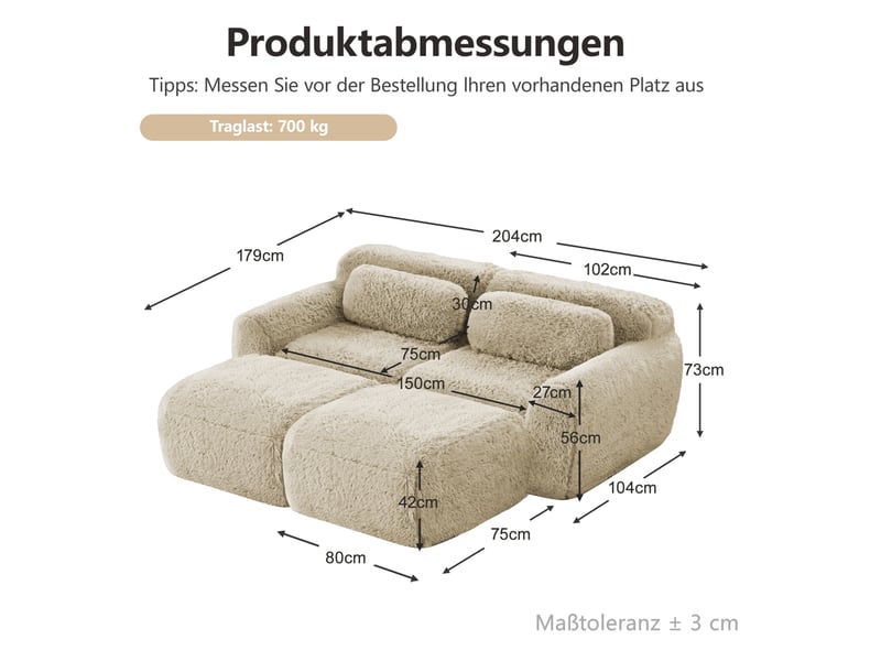  Canapé modulable convertible 2 places en velours kaki clair avec 2 ottomans, sans montage, confort nuageux  - Conforama C