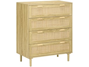 Commode 4 tiroirs meuble de rangement façade tissage en rotin bohème style dim. 90l x 45p x 108,5h cm aspect bois clair