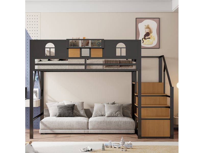  Lit mezzanine enfant 140x200 cm, avec échelle de rangement, fenêtres, garde-corps haut, cadre métal, noir, sans matelas  - Conforama E