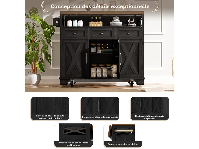  Îlot central de cuisine avec rangement et roulettes - lpospi - tablette rabattable, mdf métal noir 118 × 43 × 98 cm  - Conforama E