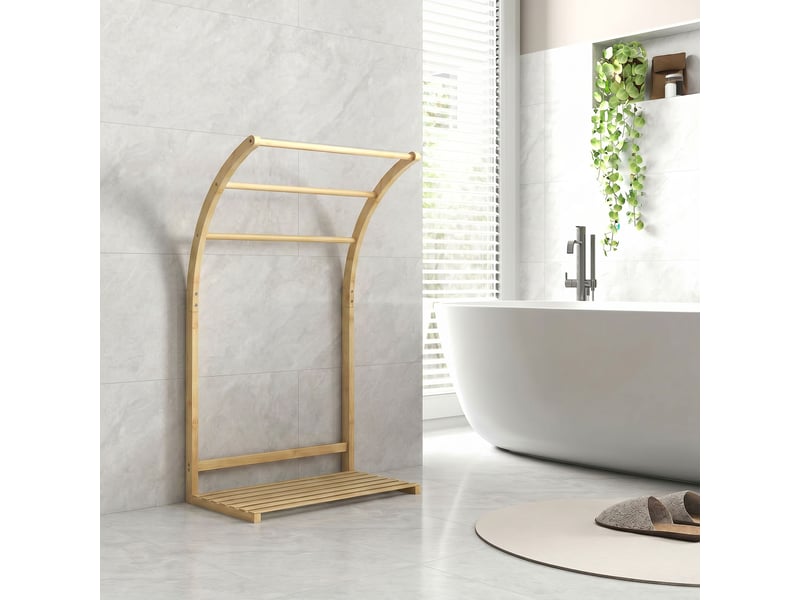 Porte-serviettes en bambou 3 barres avec étagère de rangement, pour la salle de bains et la buanderie, finition naturel - Conforama A