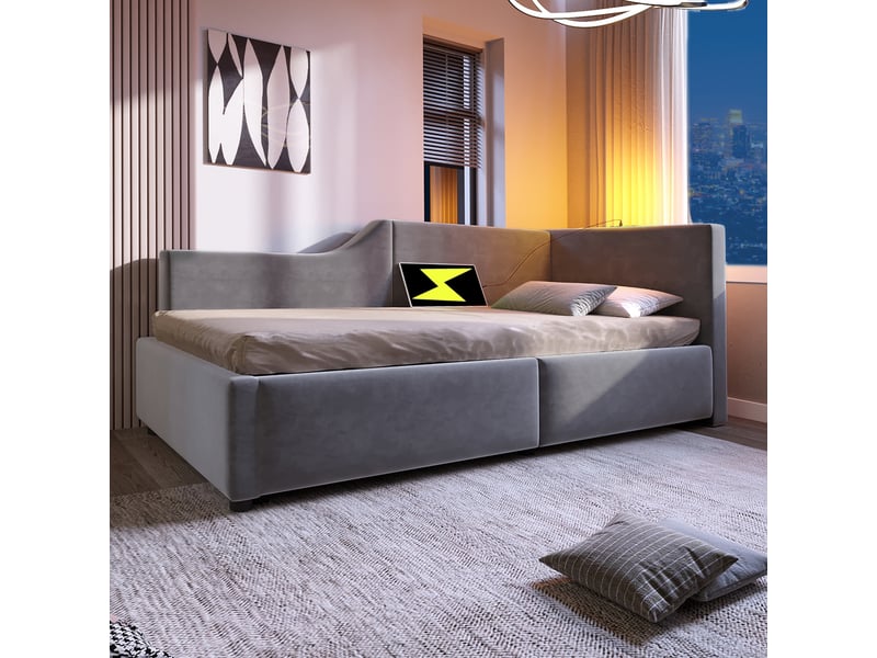  Lit coffre enfant 90x200 cm, canapé-lit avec lampe de lecture et usb type-c, sommier inclus, velours, gris, sans matelas  - Conforama W