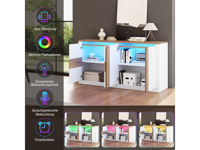 Buffet led blanc brillant effet chêne, meuble en mdf à 4 portes avec étagères réglables, commande mobile et vocale, 140 x 35 x 70 cm - Conforama E