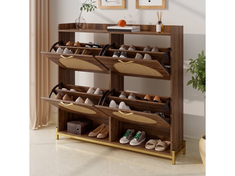  Meuble à chaussures 108,5x24x100 cm, 4 abattants, effet rotin, niches ouvertes, grand rangement pour entrée et couloir - noyer  - Conforama D