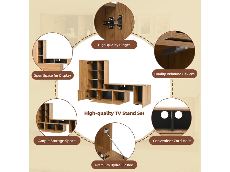  Ensemble meuble tv modulable 174-265 cm avec armoire murale, meuble de salon, structure panneau de particules, chêne  - Conforama E