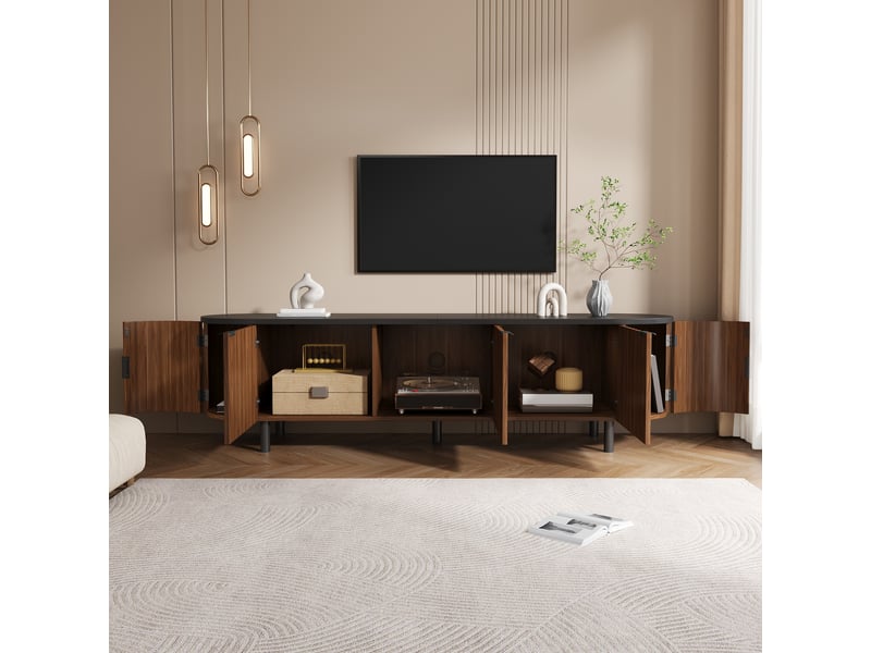 Meuble tv 170x40x47 cm, banc tv, meuble télévision, salon, 5 portes, façades rainurées, mdf, noyer CozyNest - Conforama C