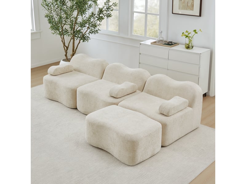  Canapé d'angle modulaire sans armature avec assise profonde et ottoman en velours beige  - Conforama C
